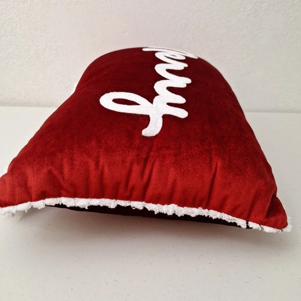 Silky Red Velvet Merry Christmas Pillow Stitched Script w/ Fringe 18
